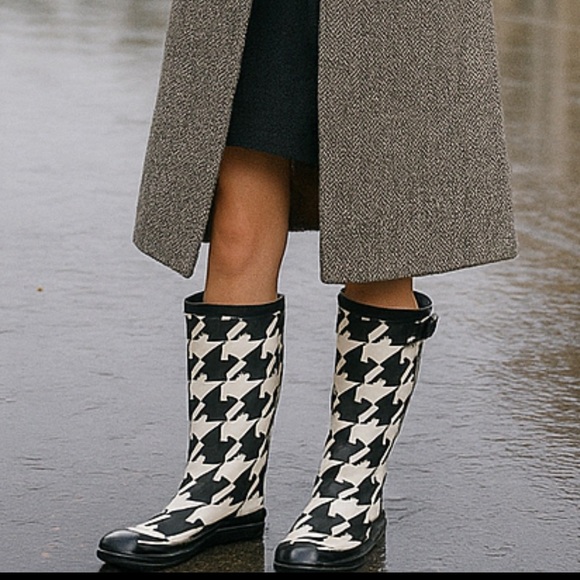 Shoes - Sperry Top-Sider Fisherman Preppy Black & White Houndstooth Rain Boots Sz 7
